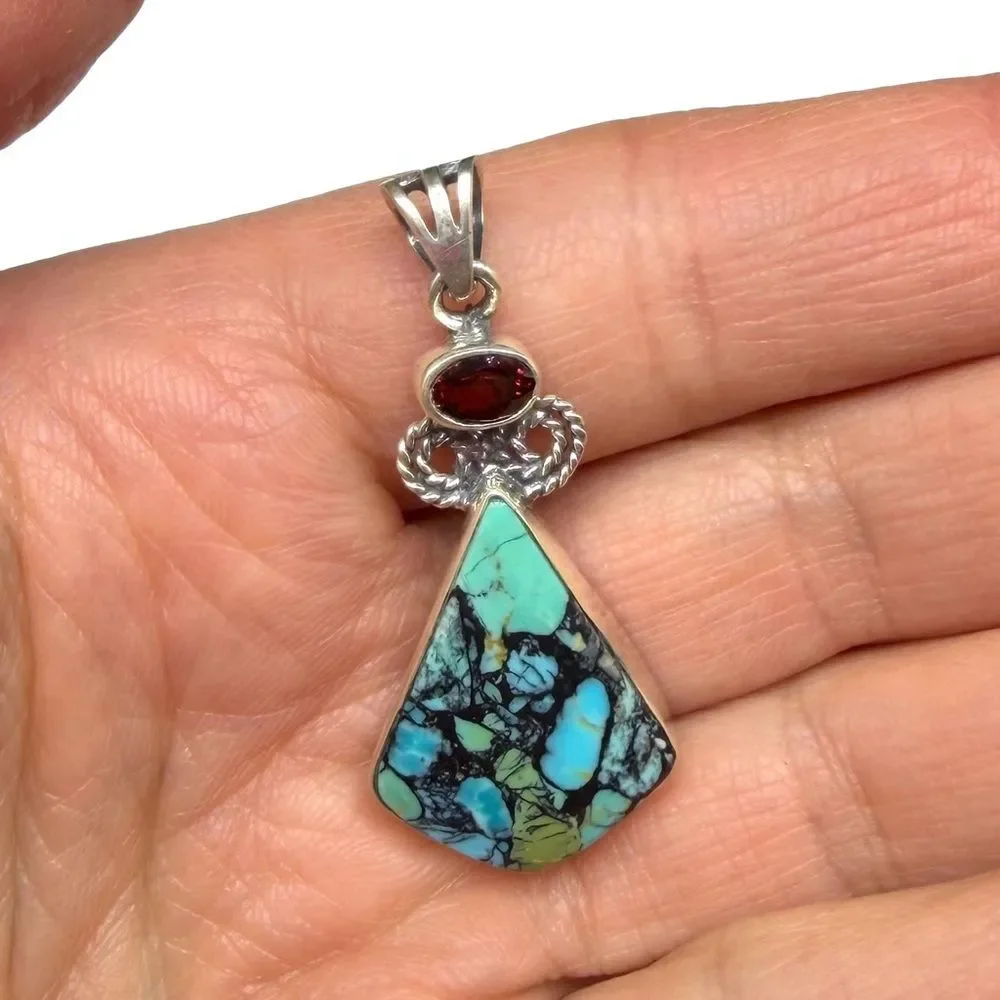 Tibetan Turquoise Garnet Necklace Pendant Solid 925 Sterling Silver